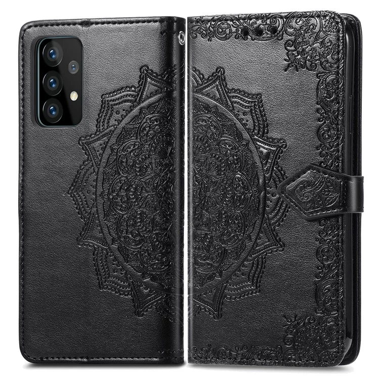 Geprägter Mandala-Blumen-Lederetui mit Geldbörse und Ständer für Samsung Galaxy A52 4G/5G / A52s 5G - Schwarz