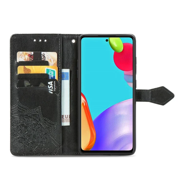Geprägter Mandala-Blumen-Lederetui mit Geldbörse und Ständer für Samsung Galaxy A52 4G/5G / A52s 5G - Schwarz