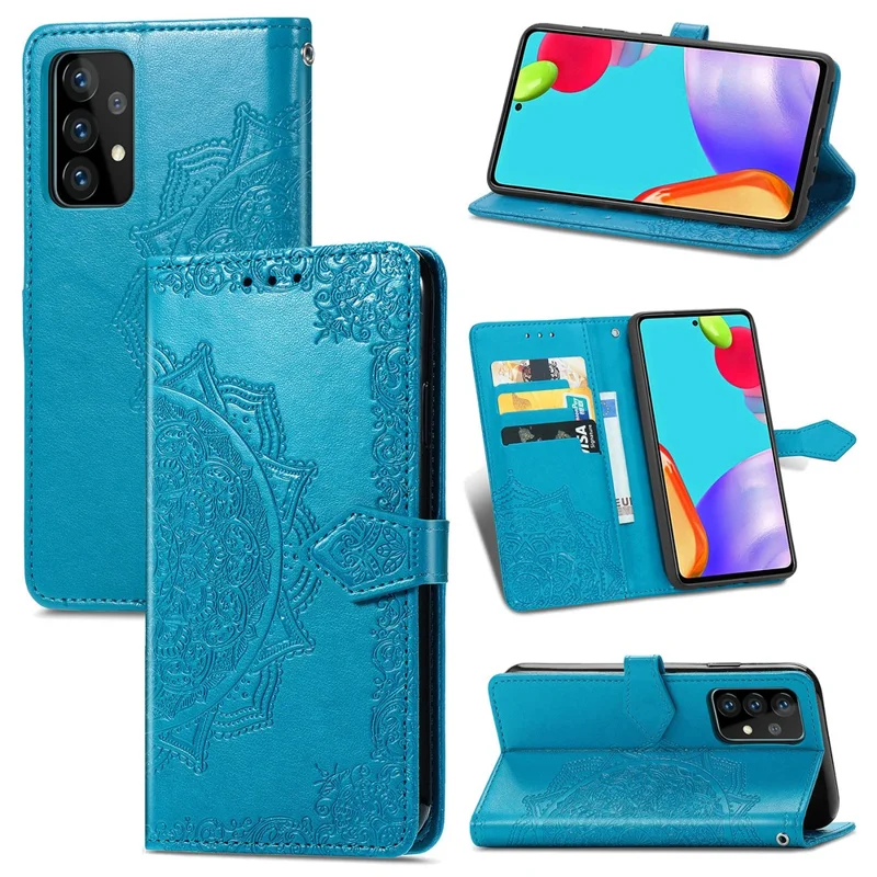 Embossed Mandala Flower Leather Case with Wallet Stand for Samsung Galaxy A52 4G/5G / A52s 5G - Blue