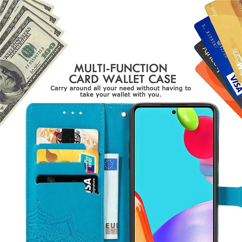 Embossed Mandala Flower Leather Case with Wallet Stand for Samsung Galaxy A52 4G/5G / A52s 5G - Blue