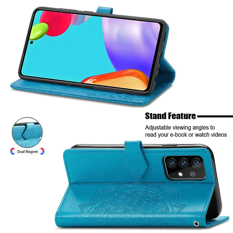 Embossed Mandala Flower Leather Case with Wallet Stand for Samsung Galaxy A52 4G/5G / A52s 5G - Blue