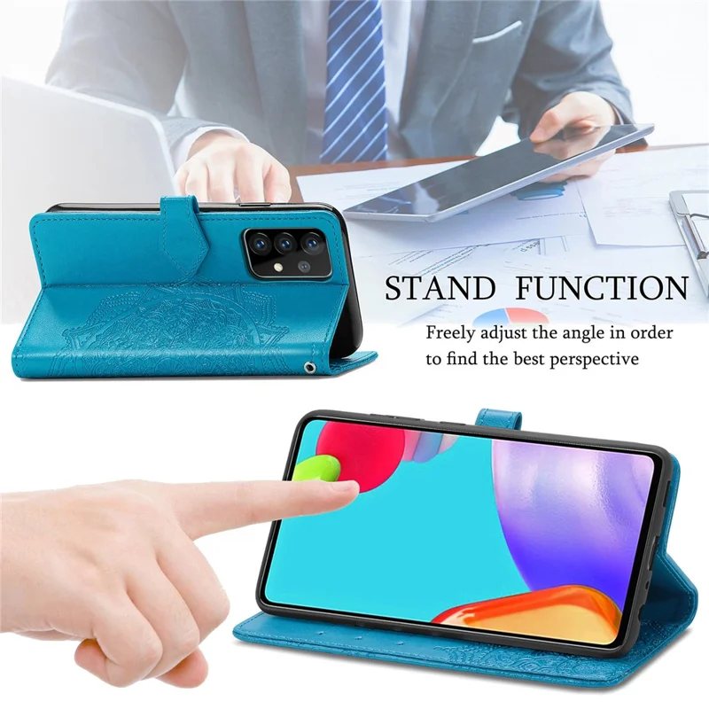 Embossed Mandala Flower Leather Case with Wallet Stand for Samsung Galaxy A52 4G/5G / A52s 5G - Blue