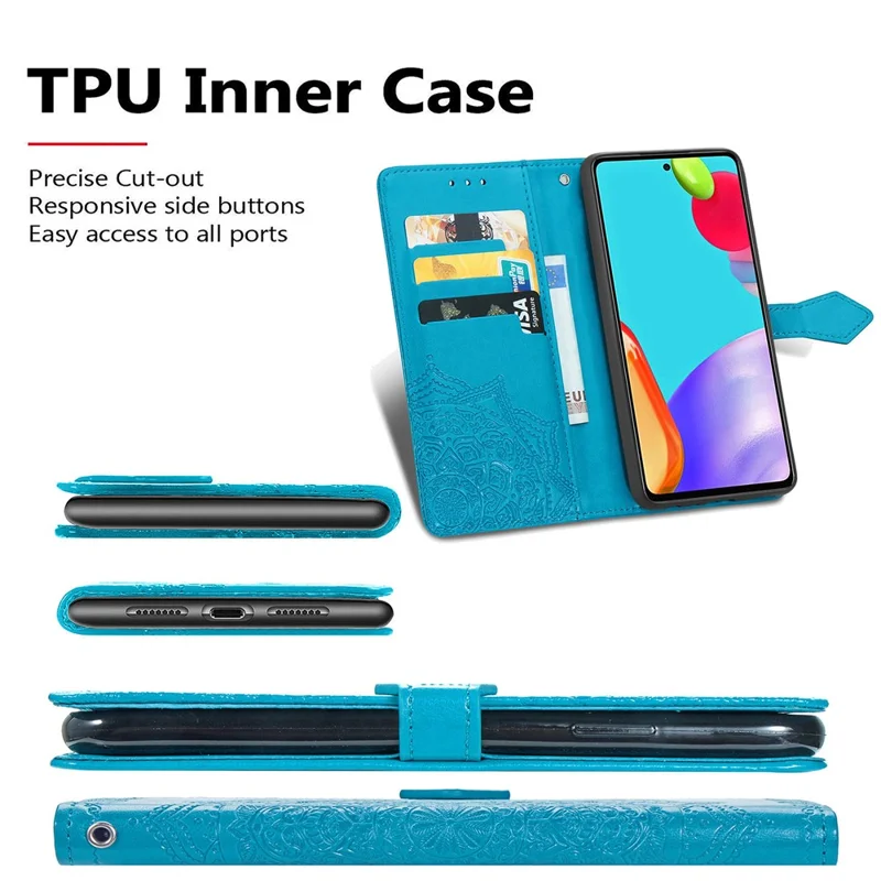 Embossed Mandala Flower Leather Case with Wallet Stand for Samsung Galaxy A52 4G/5G / A52s 5G - Blue