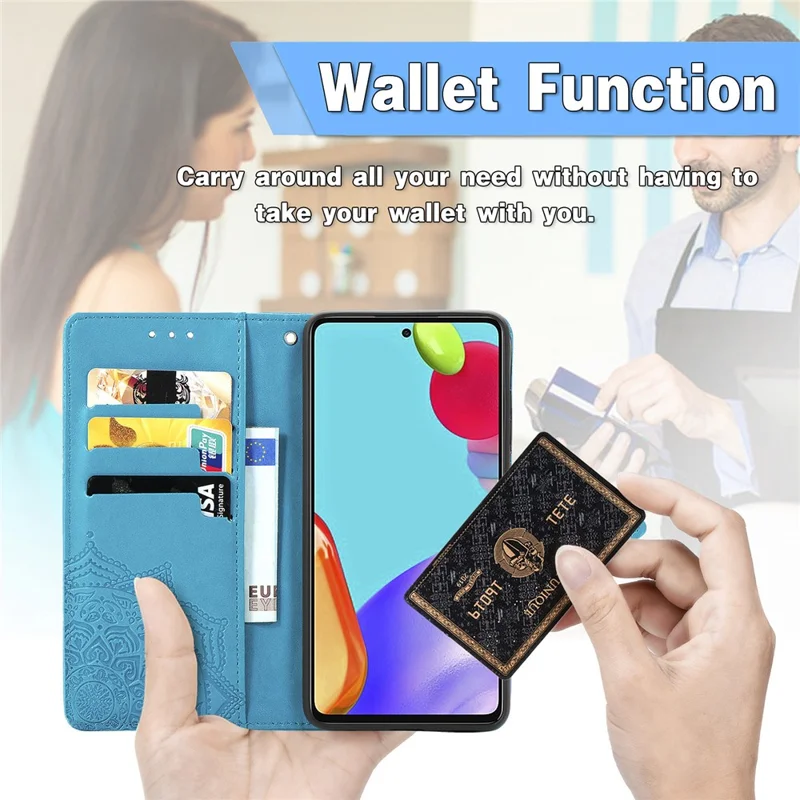 Embossed Mandala Flower Leather Case with Wallet Stand for Samsung Galaxy A52 4G/5G / A52s 5G - Blue