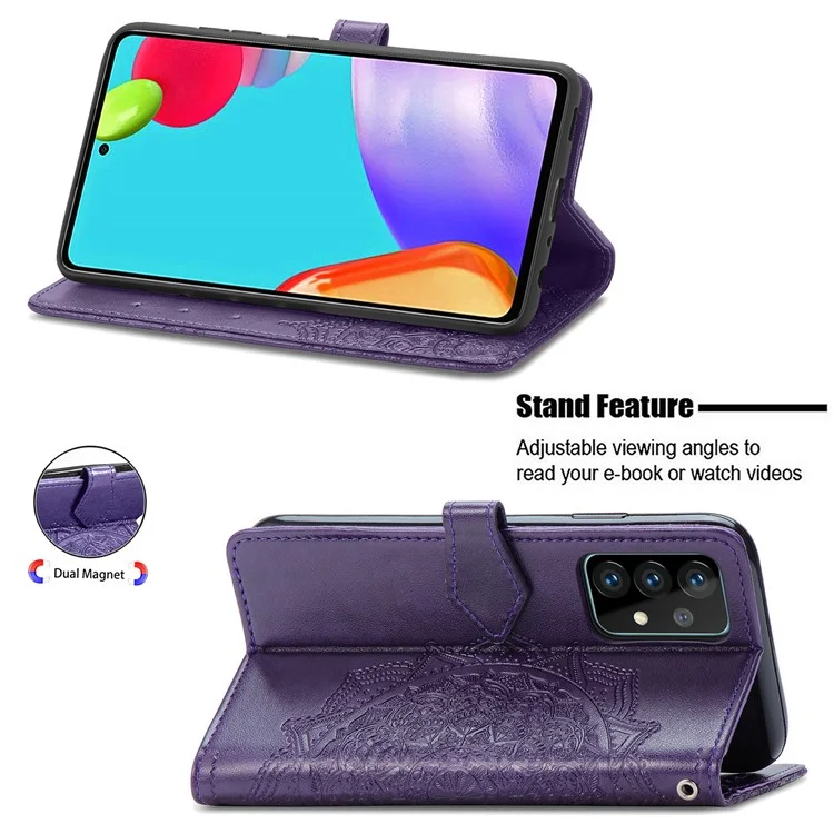 Funda de cuero con relieve de flor de mandala para Samsung Galaxy A52 4G/5G / A52s 5G - Púrpura
