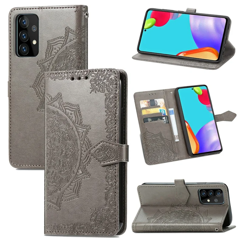Embossed Mandala Flower Leather Case with Wallet Stand for Samsung Galaxy A52 4G/5G / A52s 5G - Grey