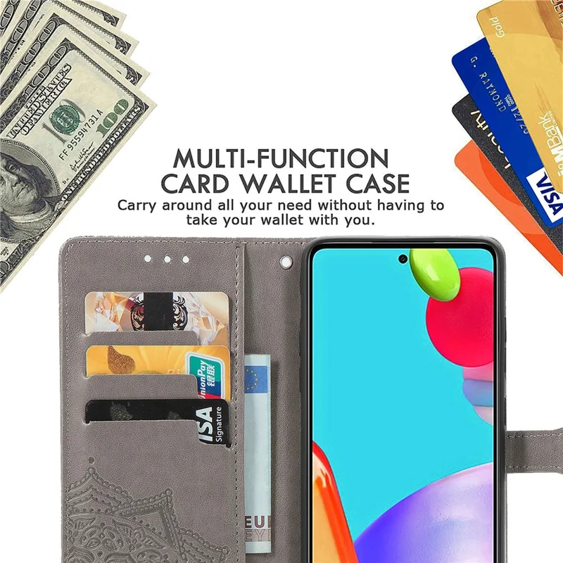 Embossed Mandala Flower Leather Case with Wallet Stand for Samsung Galaxy A52 4G/5G / A52s 5G - Grey