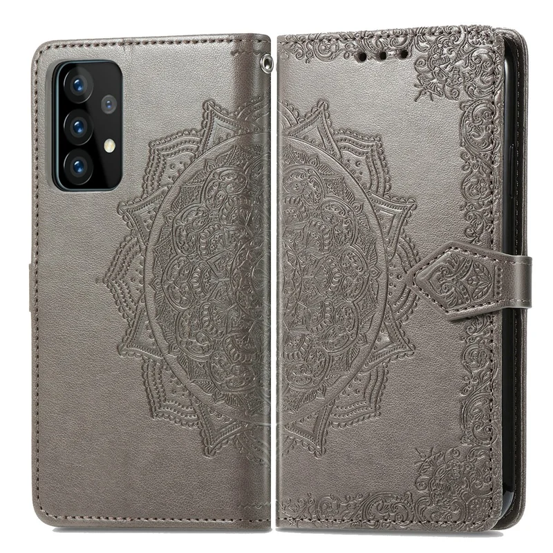 Embossed Mandala Flower Leather Case with Wallet Stand for Samsung Galaxy A52 4G/5G / A52s 5G - Grey