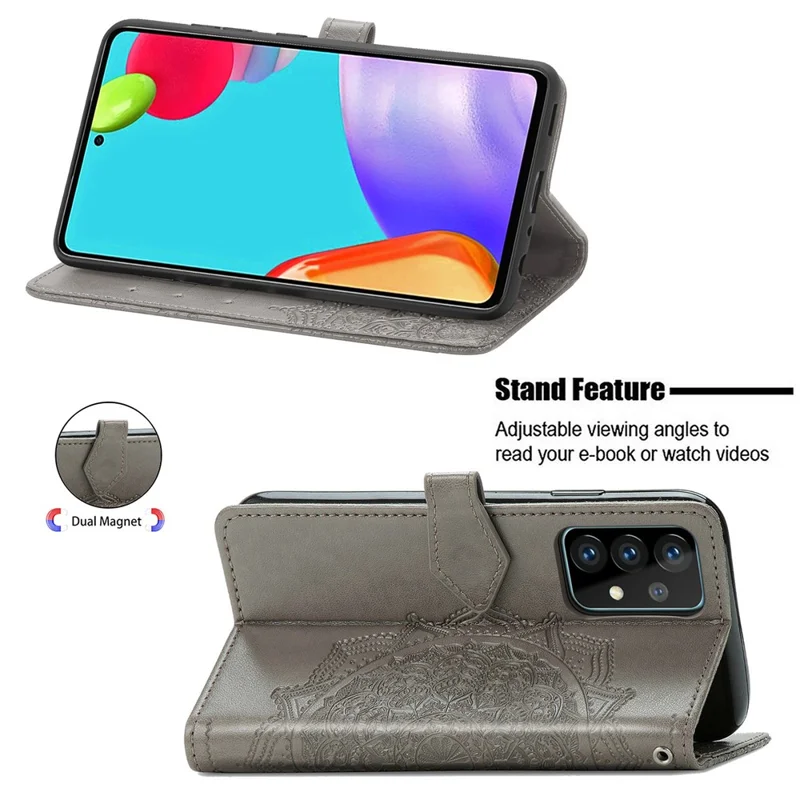 Embossed Mandala Flower Leather Case with Wallet Stand for Samsung Galaxy A52 4G/5G / A52s 5G - Grey