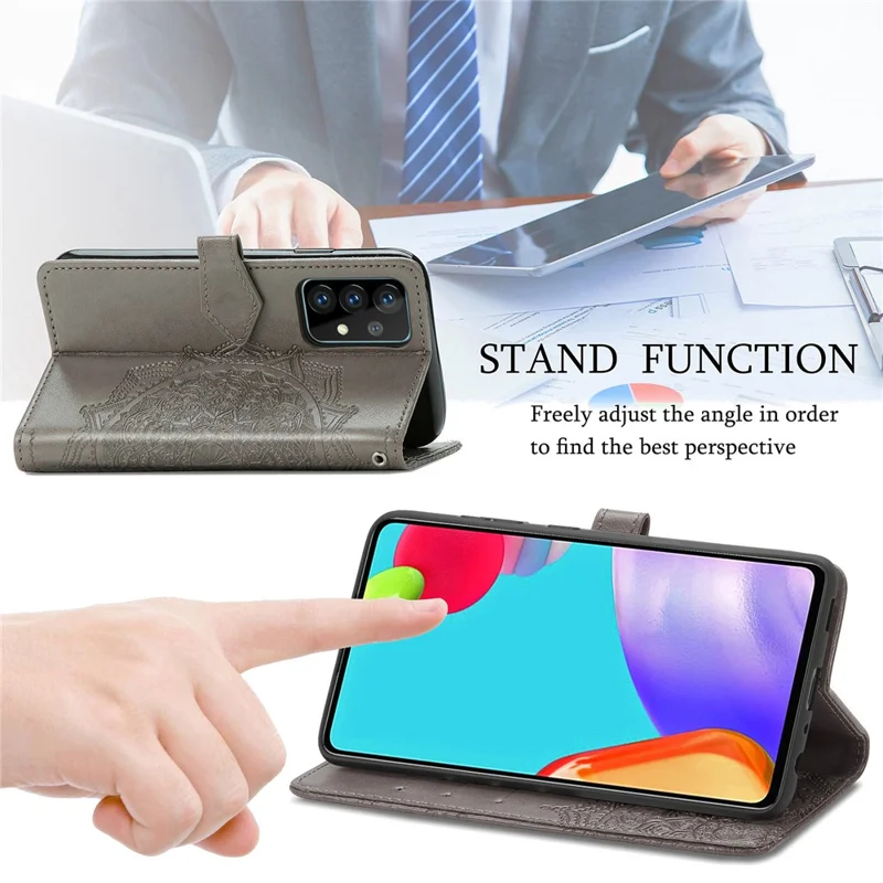 Embossed Mandala Flower Leather Case with Wallet Stand for Samsung Galaxy A52 4G/5G / A52s 5G - Grey