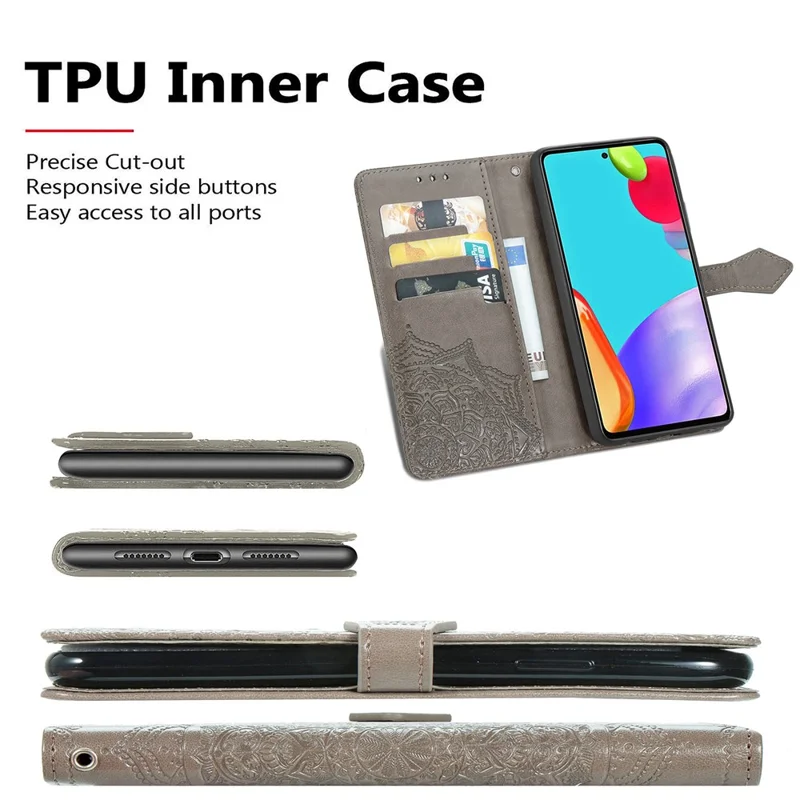 Embossed Mandala Flower Leather Case with Wallet Stand for Samsung Galaxy A52 4G/5G / A52s 5G - Grey