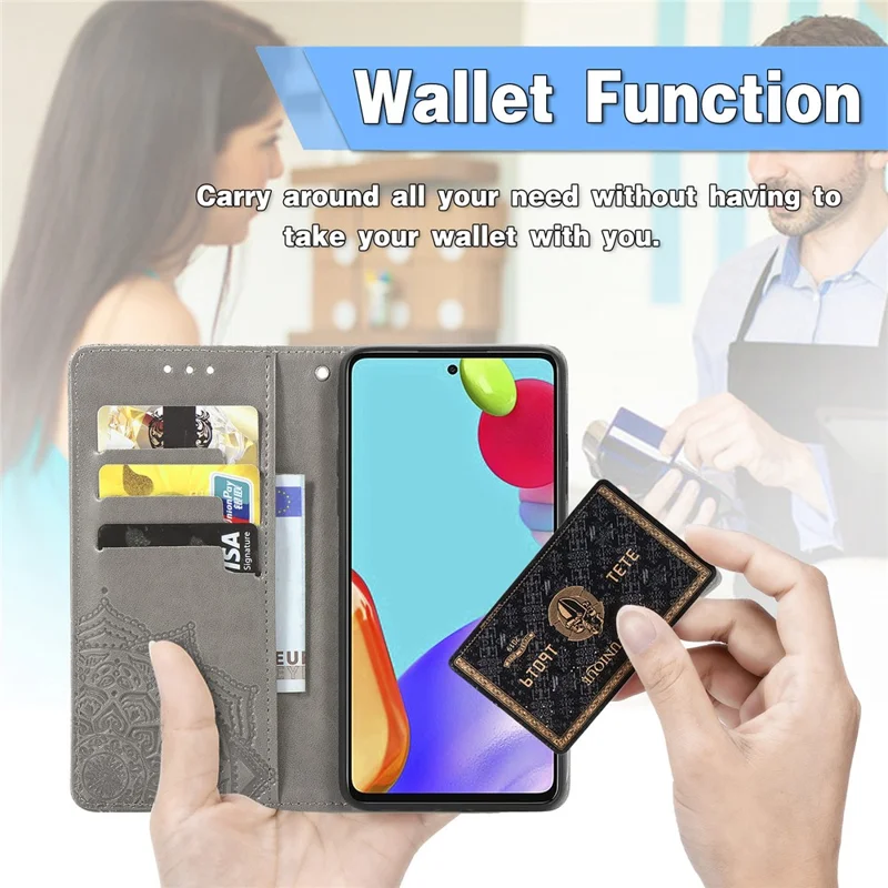 Embossed Mandala Flower Leather Case with Wallet Stand for Samsung Galaxy A52 4G/5G / A52s 5G - Grey