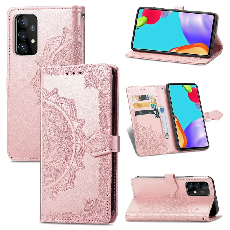 Embossed Mandala Flower Leather Case with Wallet Stand for Samsung Galaxy A52 4G/5G / A52s 5G - Rose Gold