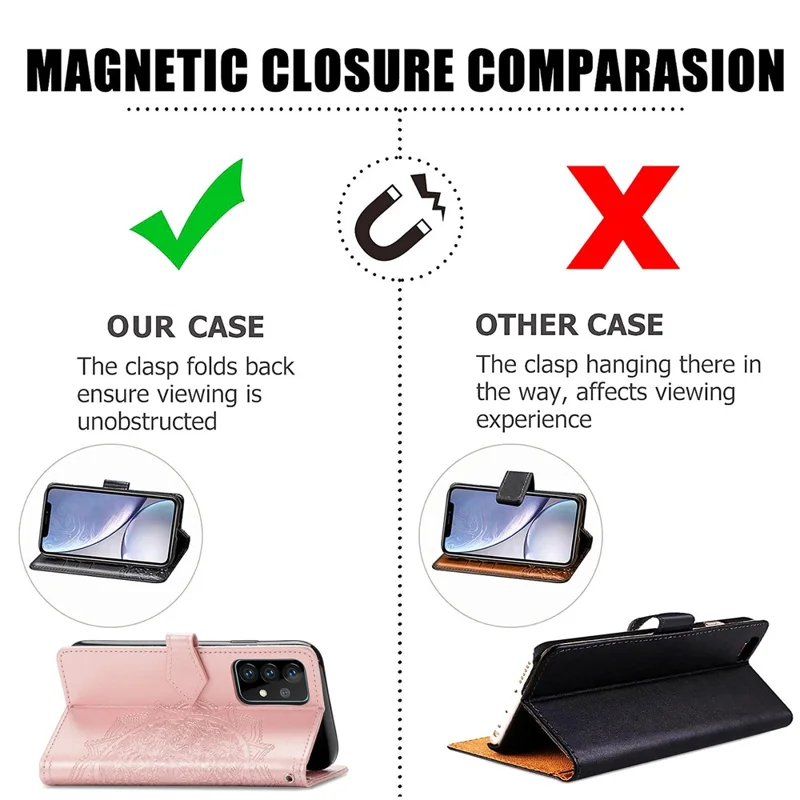 Embossed Mandala Flower Leather Case with Wallet Stand for Samsung Galaxy A52 4G/5G / A52s 5G - Rose Gold