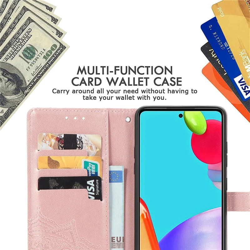 Embossed Mandala Flower Leather Case with Wallet Stand for Samsung Galaxy A52 4G/5G / A52s 5G - Rose Gold