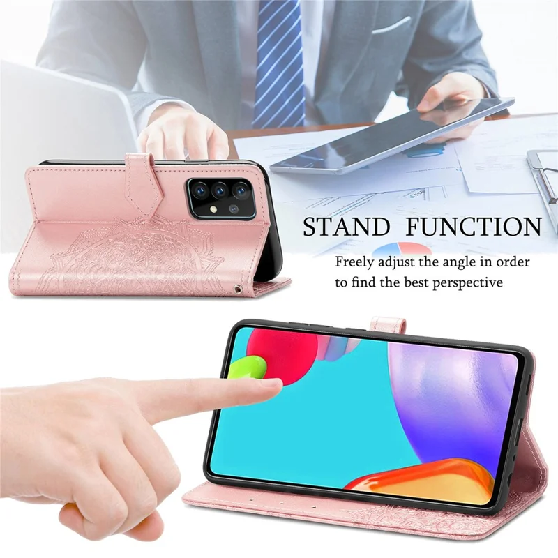 Embossed Mandala Flower Leather Case with Wallet Stand for Samsung Galaxy A52 4G/5G / A52s 5G - Rose Gold