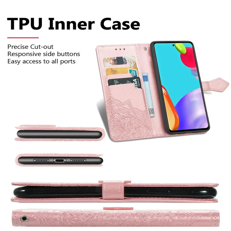 Embossed Mandala Flower Leather Case with Wallet Stand for Samsung Galaxy A52 4G/5G / A52s 5G - Rose Gold