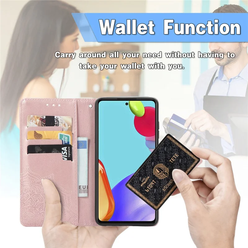 Embossed Mandala Flower Leather Case with Wallet Stand for Samsung Galaxy A52 4G/5G / A52s 5G - Rose Gold