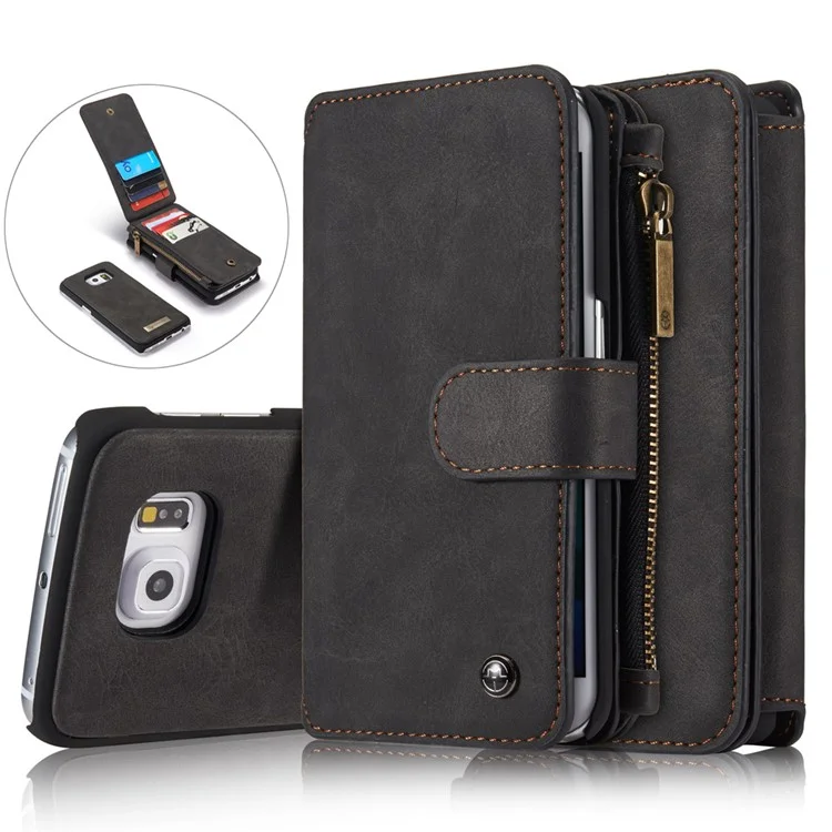 CASEME 14 Slots Wallet Detachable 2-in-1 Split Leather Case for Samsung Galaxy S6 edge G925 - Black