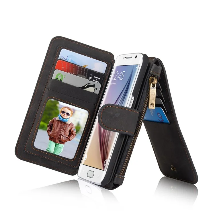 CASEME 14 Slots Wallet Detachable 2-in-1 Split Leather Case for Samsung Galaxy S6 edge G925 - Black