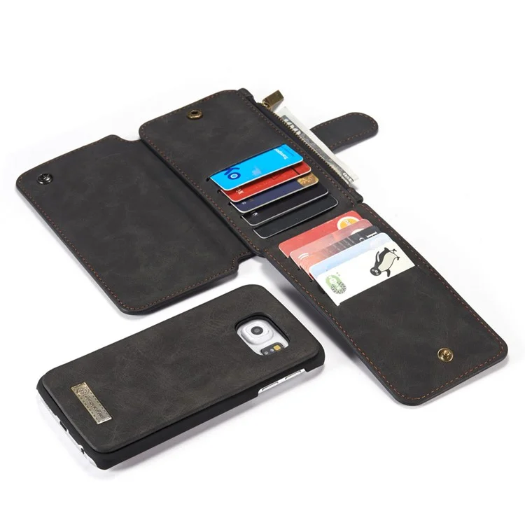 CASEME 14 Slots Wallet Detachable 2-in-1 Split Leather Case for Samsung Galaxy S6 edge G925 - Black