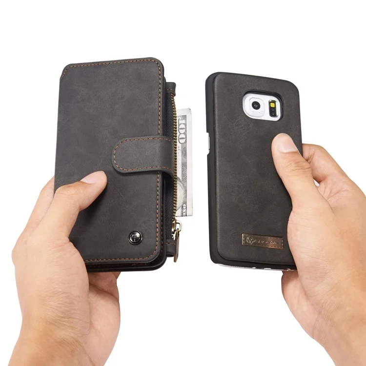 CASEME 14 Slots Wallet Detachable 2-in-1 Split Leather Case for Samsung Galaxy S6 edge G925 - Black