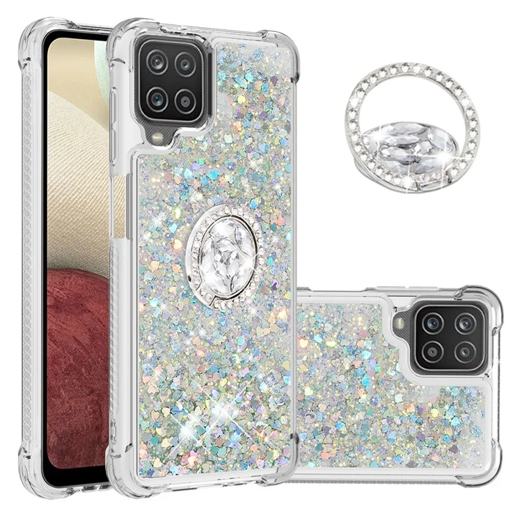 Lentejuelas de Brillo Avesas y Cáscara de Protección de Teléfono TPU Absorbido Por el Choque Con Soporte de Ring Para Samsung Galaxy A12/M12 - Verde Claro