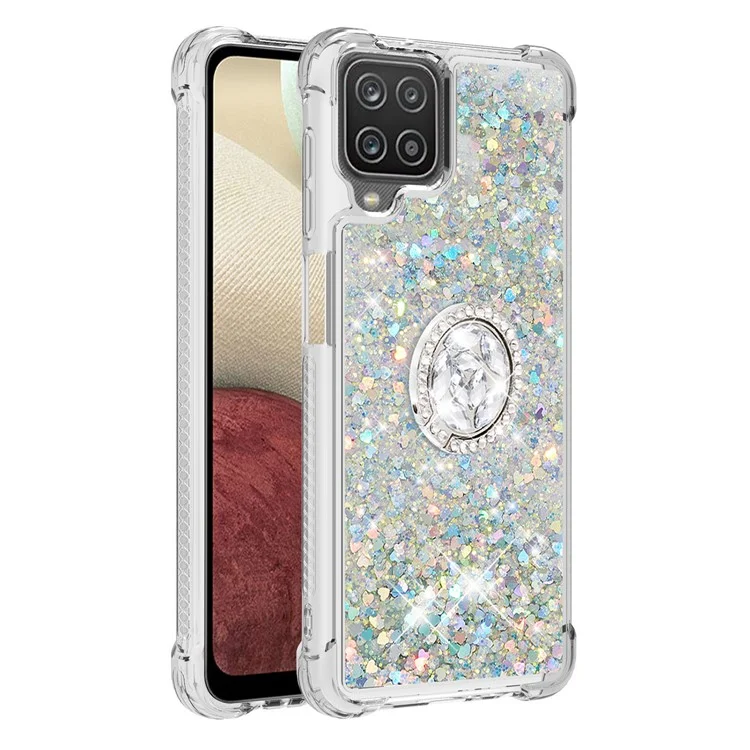 Lentejuelas de Brillo Avesas y Cáscara de Protección de Teléfono TPU Absorbido Por el Choque Con Soporte de Ring Para Samsung Galaxy A12/M12 - Verde Claro