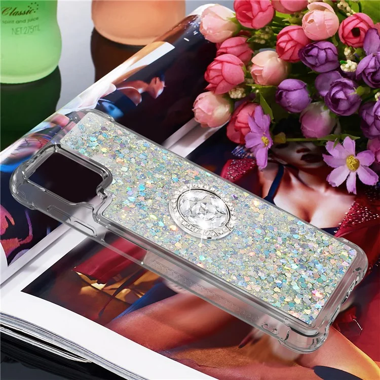 Lentejuelas de Brillo Avesas y Cáscara de Protección de Teléfono TPU Absorbido Por el Choque Con Soporte de Ring Para Samsung Galaxy A12/M12 - Verde Claro