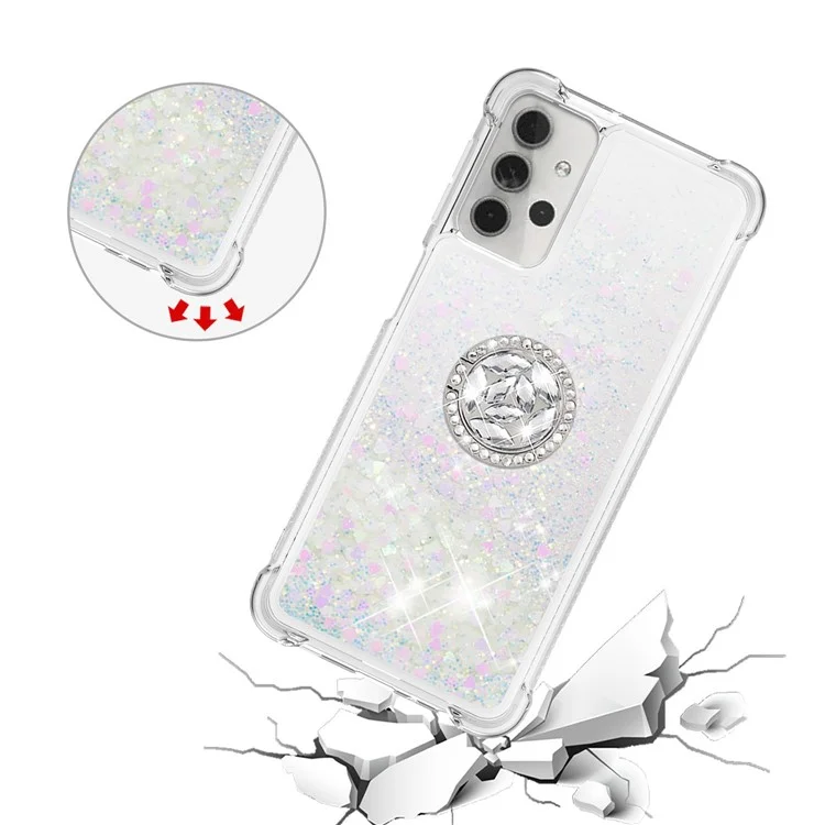 Glitter Sequins Quicksand Design TPU Phone Protective Shell with Ring Shape Kickstand for Samsung Galaxy A32 5G/M32 5G - Silver
