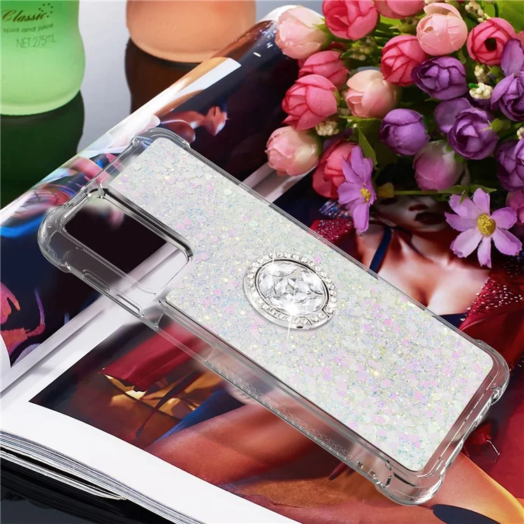 Glitter Sequins Quicksand Design TPU Phone Protective Shell with Ring Shape Kickstand for Samsung Galaxy A32 5G/M32 5G - Silver