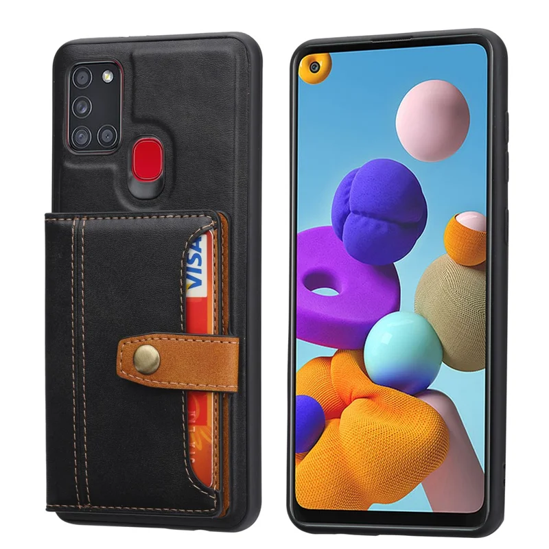 Card Slots PU Leather Coated TPU Case [Kickstand] for Samsung Galaxy A21s - Black