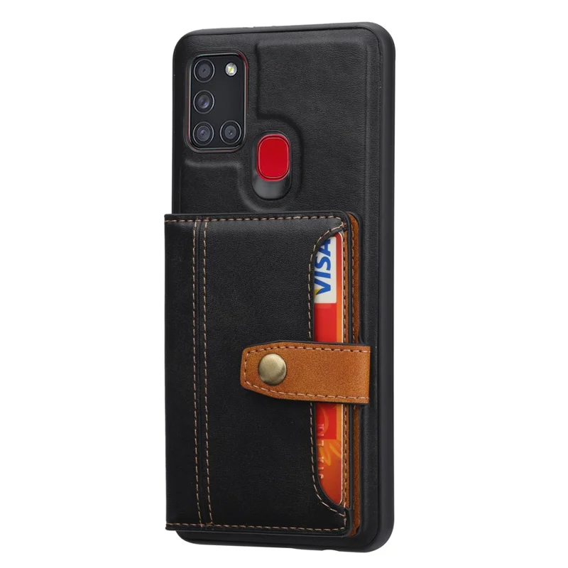 Card Slots PU Leather Coated TPU Case [Kickstand] for Samsung Galaxy A21s - Black