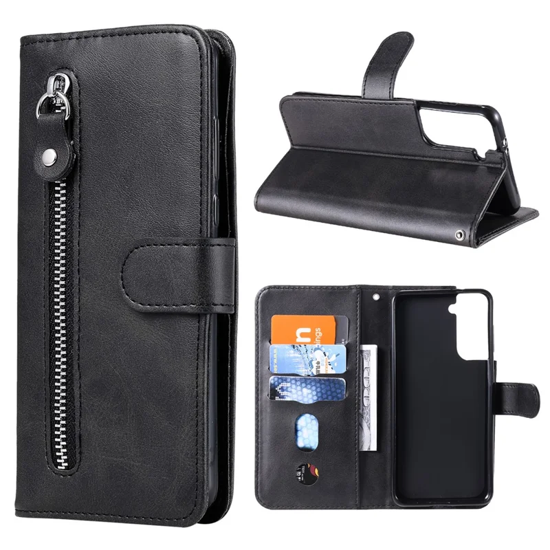 Zipper Pocket Leather Wallet Stand Case for Samsung Galaxy S21+ 5G - Black