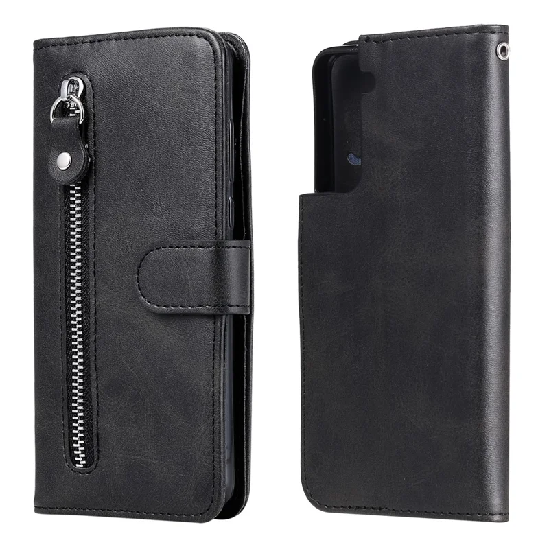 Zipper Pocket Leather Wallet Stand Case for Samsung Galaxy S21+ 5G - Black