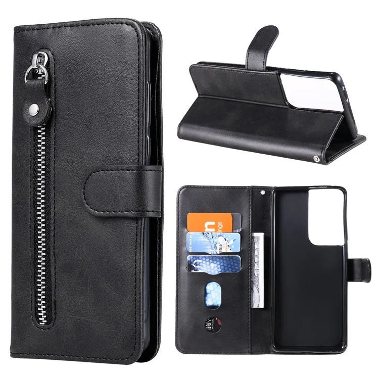 Case de Billetera de Cuero de Bolsillo Con Cremallera Para Samsung Galaxy S21 Ultra 5G - Negro