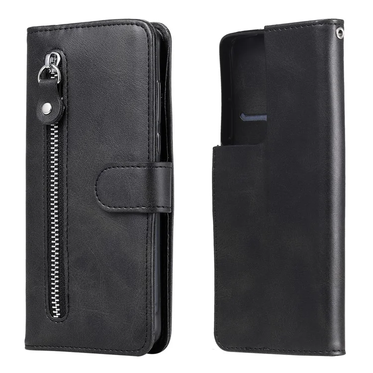 Case de Billetera de Cuero de Bolsillo Con Cremallera Para Samsung Galaxy S21 Ultra 5G - Negro