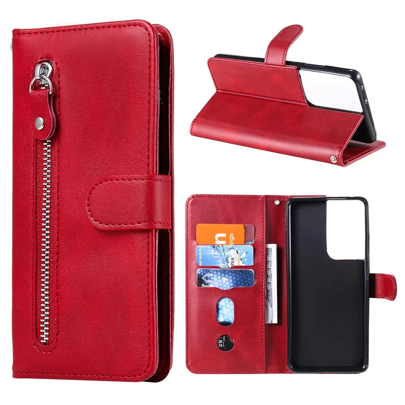 Zipper Pocket Leather Wallet Stand Case for Samsung Galaxy S21 Ultra 5G - Red