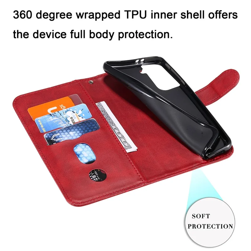 Zipper Pocket Leather Wallet Stand Case for Samsung Galaxy S21 Ultra 5G - Red