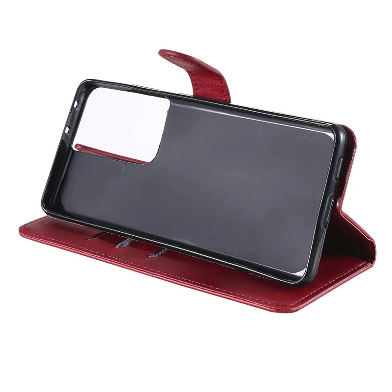 Zipper Pocket Leather Wallet Stand Case for Samsung Galaxy S21 Ultra 5G - Red