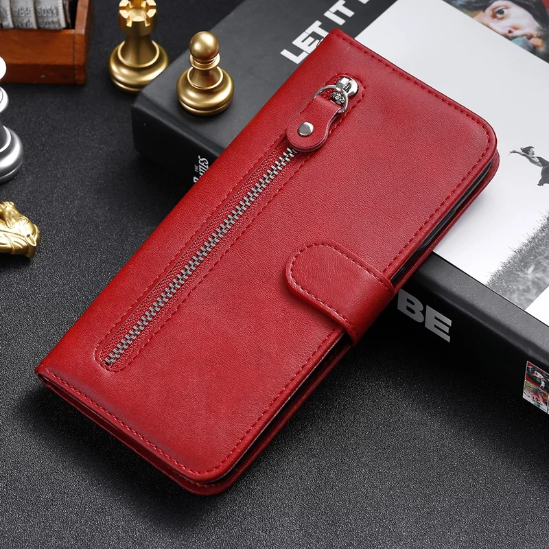 Zipper Pocket Leather Wallet Stand Case for Samsung Galaxy S21 Ultra 5G - Red