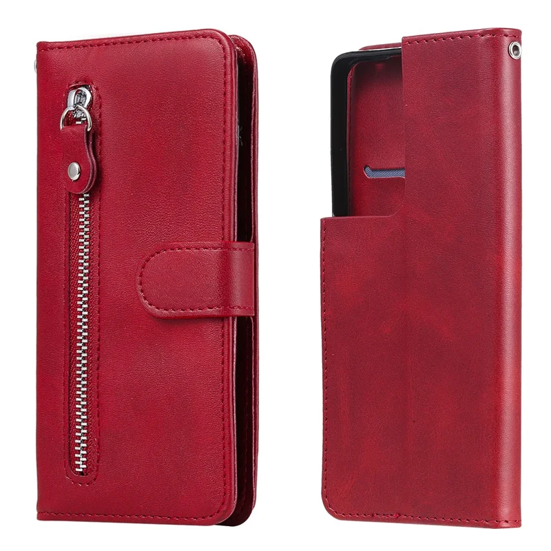 Zipper Pocket Leather Wallet Stand Case for Samsung Galaxy S21 Ultra 5G - Red