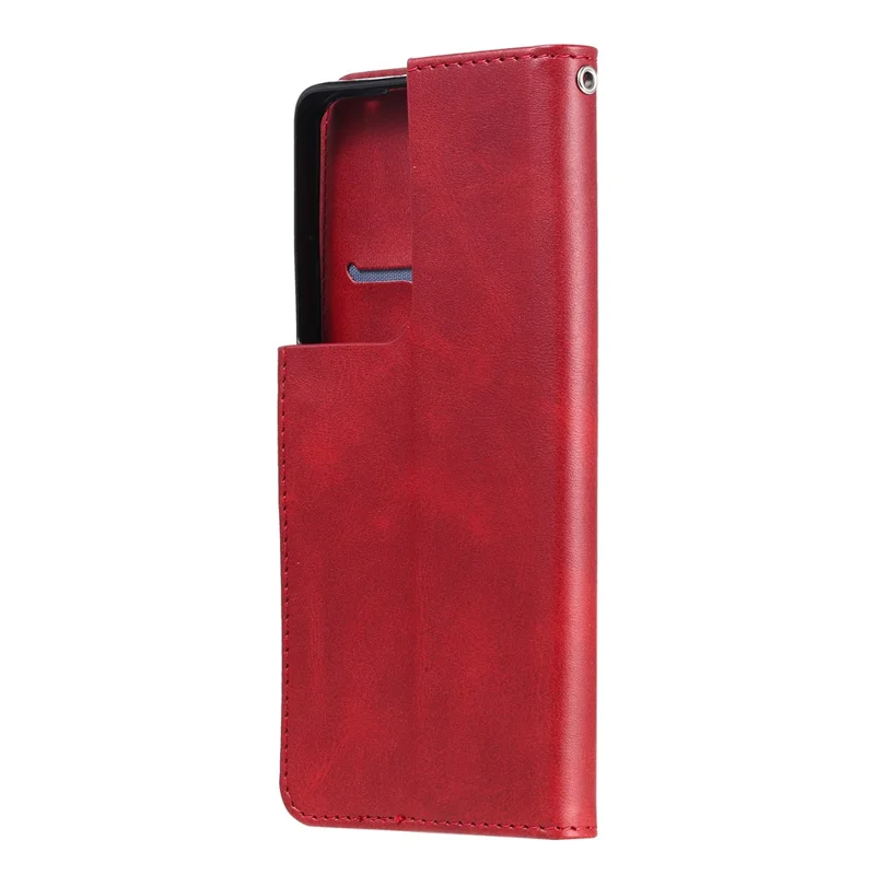 Zipper Pocket Leather Wallet Stand Case for Samsung Galaxy S21 Ultra 5G - Red