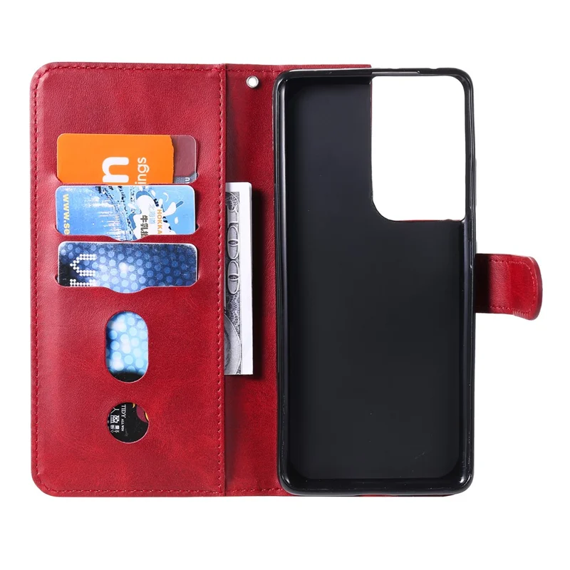 Zipper Pocket Leather Wallet Stand Case for Samsung Galaxy S21 Ultra 5G - Red