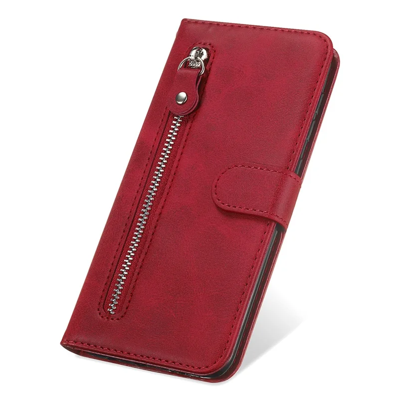 Zipper Pocket Leather Wallet Stand Case for Samsung Galaxy S21 Ultra 5G - Red