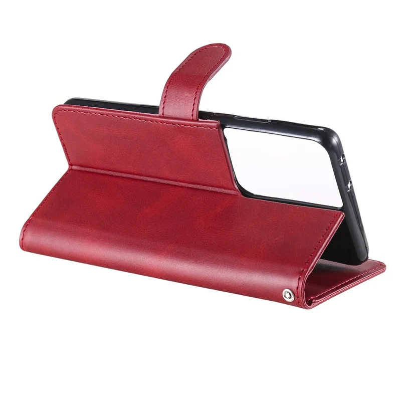 Zipper Pocket Leather Wallet Stand Case for Samsung Galaxy S21 Ultra 5G - Red