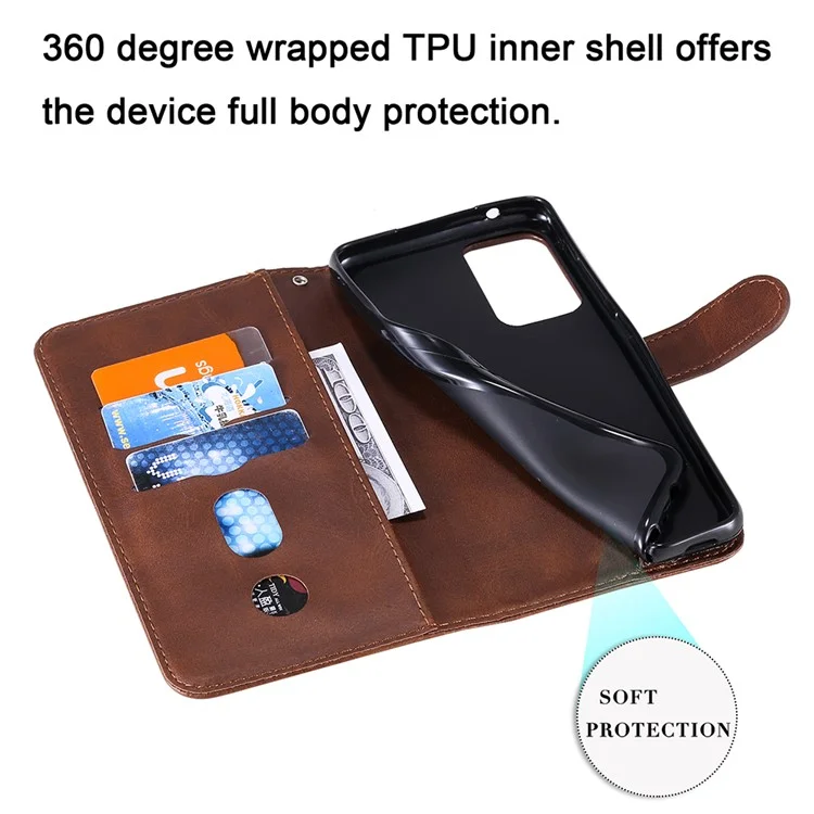 Cartera de cuero con bolsillo de cremallera y soporte para smartphone para Samsung Galaxy A52 4G/5G / A52s 5G - Marrón