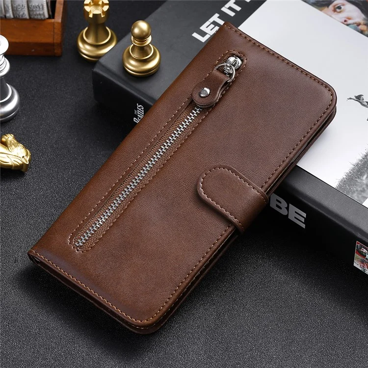 Cartera de cuero con bolsillo de cremallera y soporte para smartphone para Samsung Galaxy A52 4G/5G / A52s 5G - Marrón