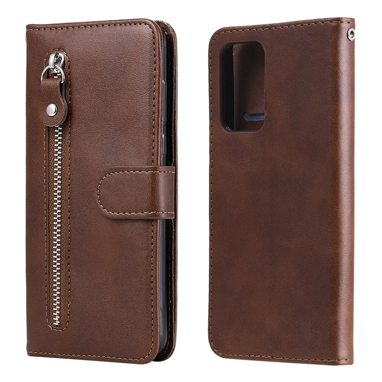Cartera de cuero con bolsillo de cremallera y soporte para smartphone para Samsung Galaxy A52 4G/5G / A52s 5G - Marrón