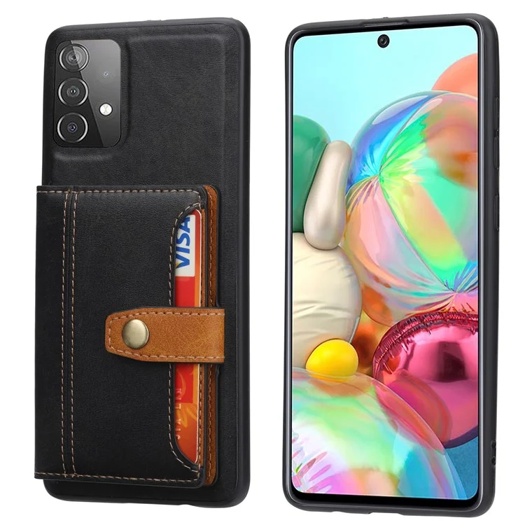 Ranuras de Tarjetas + Diseño de Kickstand PU Case TPU Recubierto de Cuero Para Samsung Galaxy A72 4G/5G - Negro